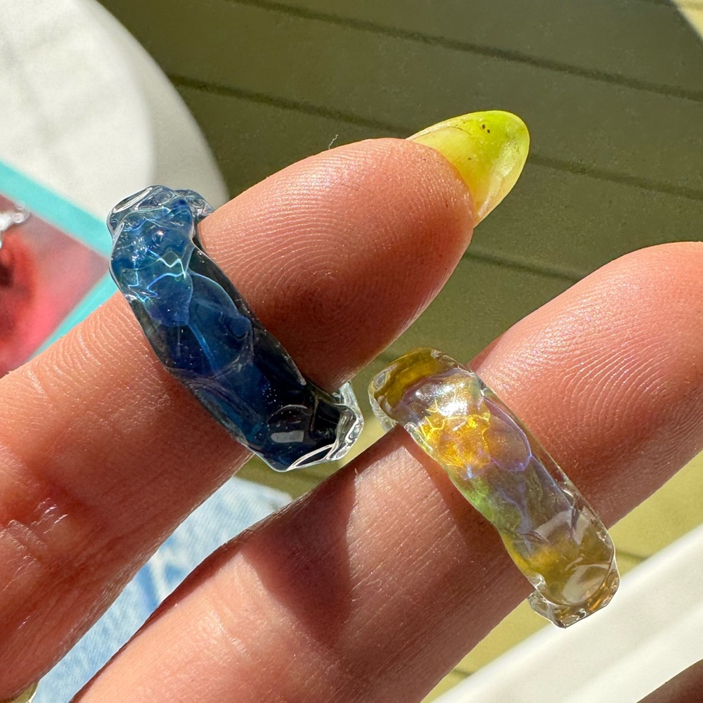 Set of 2 iridescent wavy stackable real glass rings NEW